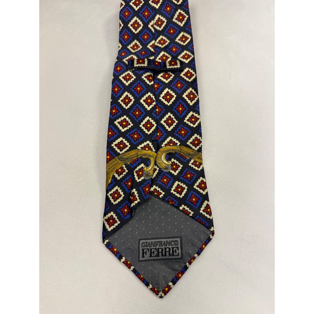 Gianfranco Ferre Silk Tie Blue Italy EUC Geometric Baroque Luxury Vintage - Picture 3 of 4